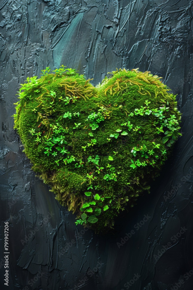 Poster A heart shaped green moss covered wall with a plant in the middle, AI