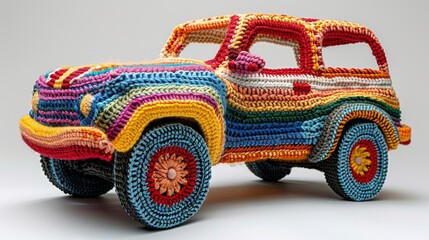 Colorful knitted toy cars displayed in playful collection - obrazy, fototapety, plakaty