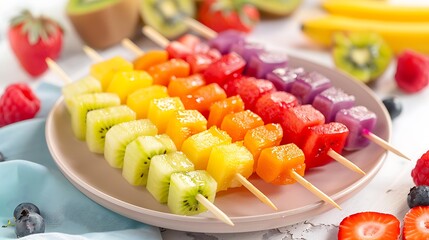 Colorful rainbow colors fruit kebab sticks served in a plate on rainbow theme birthday party