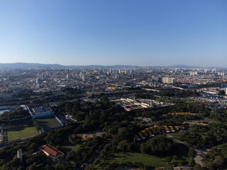 Incredible sunset in the city of São Paulo, a megalopolis with an aerial image above the Tietê River.