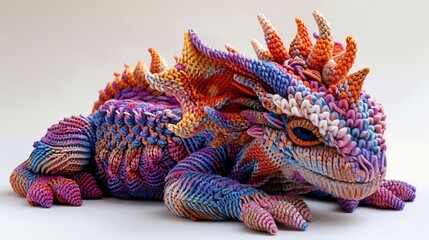Colorful knitted dragon toy on a white background, displaying intricate craftsmanship and vibrant colors - obrazy, fototapety, plakaty