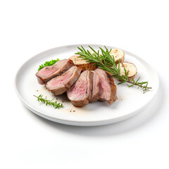 white plate with delicious cooked steak meat сreated with Generative Ai