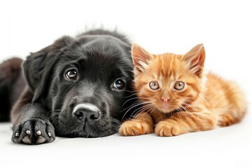 Obraz premium black labrador puppy with fluffy ginger kitten isolated on white background