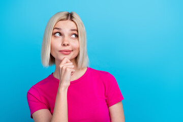 Photo portrait of lovely young lady minded look empty space dressed stylish pink clothes isolated...