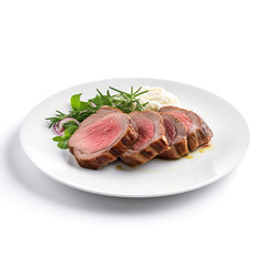 Fototapeta premium white plate with delicious cooked steak meat сreated with Generative Ai