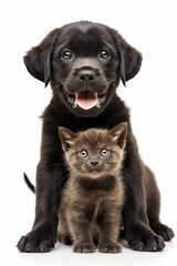 Happy black labrador puppy having fun playing with fluffy kitten isolated on white background