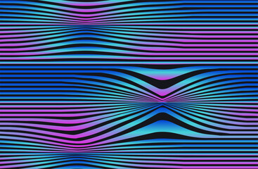 Trendy 80s color geometric distorted background with grid striped texture. Modern holographic tech background in neon tones for wall art, web site, panel border, package, poster. Vector