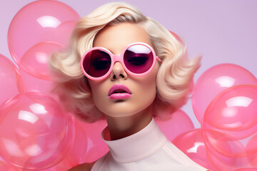 Fashion Model with Pink Curly Wig and Oversized Sunglasses