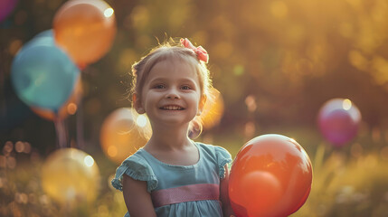 a child is holding a red balloon and colorful balloons behind him with a happy expression, playing in the meadow field. a picture for children's day