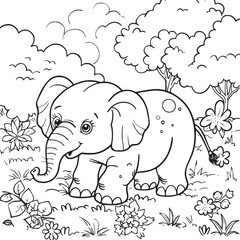 coloring Page Of Cartoon Baby Elephant Vector Illustration for Coloring Book, Hand drawn vector