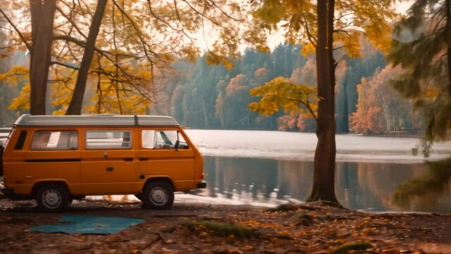 Camping van with beautiful lake in autumn,Travel holidays in a motorhome,
