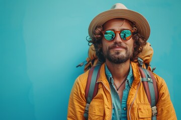 portrait of young man in hat and sunglasses with backpack on blue background