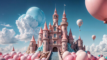 Fantastic castle. The old castle is pink, there are a lot of balloons around. Fantasy, art, creativity, creativity. - obrazy, fototapety, plakaty