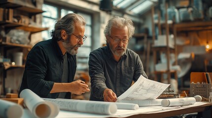 Craftsmen Analyzing Architectural Plans in Workshop