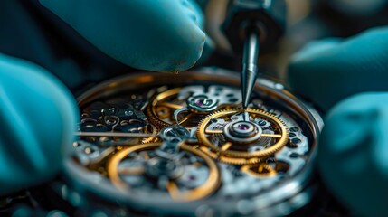 close-up shot of watch being repaired by gloved