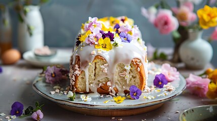 Easter yeast cake babka covered with icing and decorated with edible flowers