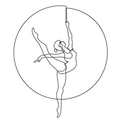 A young girl gymnast with a ribbon in her hands performs at competitions. One line drawing. Continuous line without break.