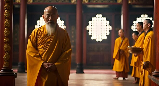 Buddhist monk with beard in the temple.	
