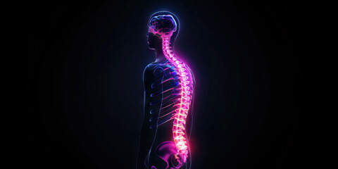 Scoliosis: The Spinal Curvature and Back Pain - Visualize a person with highlighted spine showing curvature, experiencing back pain and postural changes - obrazy, fototapety, plakaty