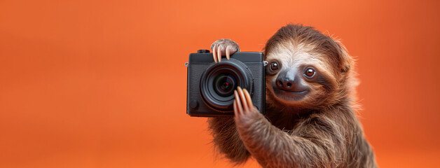 A baby sloth is holding a camera and smiling. The orange background adds a warm and playful tone to the image. A baby sloth taking a photo with a camera in a solid peach colored background