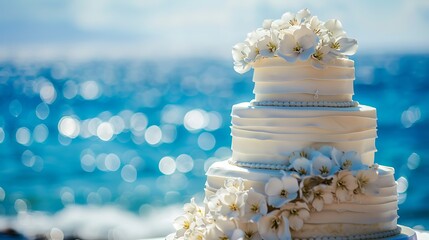 Elegant wedding cake with two tiers decorated with white flowers and placed on table on blurred...