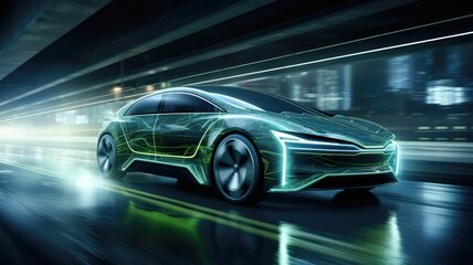 Hybrid car in motion, emphasizing its seamless transition between electric and fuel modes - obrazy, fototapety, plakaty