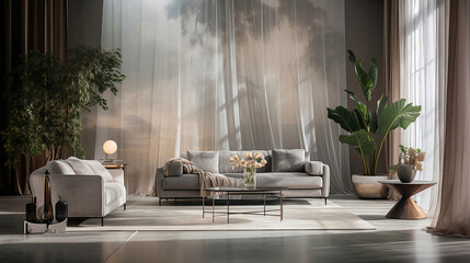 przytulny elegancki luksusowy i minimalistyczny pokój z tapetą na ścianie z wygodną sofą firanami i zasłonami na oknie  - obrazy, fototapety, plakaty