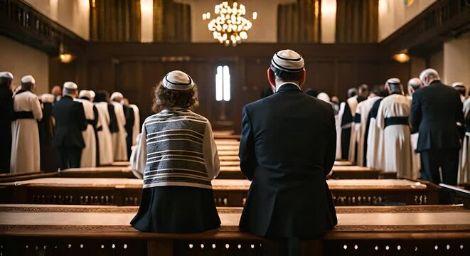 Jews praying in the synagogue.	
