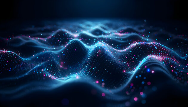 a digital abstract concept of a wave made up of particles and points of light, giving a sense of connectivity, data flow, digital networks, or advanced technology