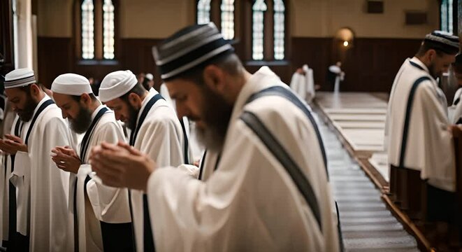 Jews praying in the synagogue.	
