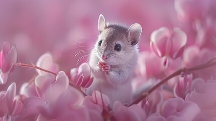   A small mouse atop a tree laden with pink blooms amidst a vast expanse of pink-flowered meadow