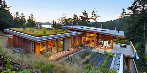 A contemporary home featuring a green rooftop, blending seamlessly with the surrounding nature.
