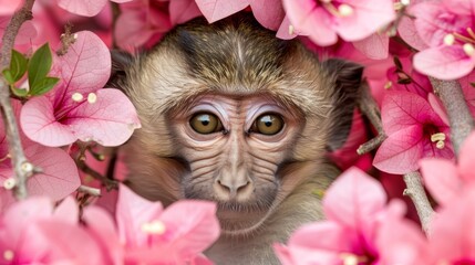   A monkey peeks out from behind pink flowers, surprised