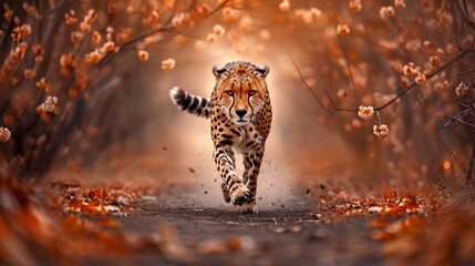   A cheetah pictured at full speed along a forest trail, surrounded by falling leaves and scattered flowers - obrazy, fototapety, plakaty