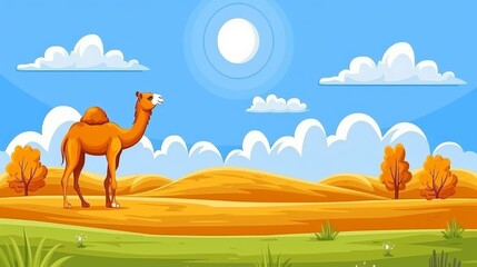  Desert - Camel in foreground, Blue sky with white clouds