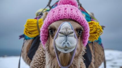 Obraz premium A tight shot of a camel adorned with a pink hat, featuring tassels atop its head