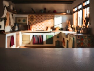 empty table top for culinary product display with copy space, blurred defocused boho-style kitchen interior background 