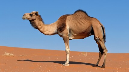   A camel stands in the desert's expanses, surrounded by golden sand The backdrop is a vast, blue sky In the foreground, a tiny patch of lush green
