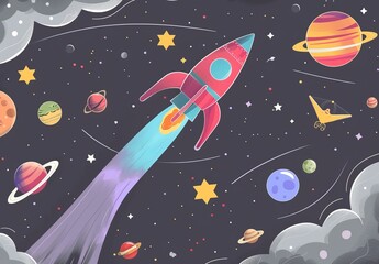   An illustrated rocket soaring through the sky, surrounded by planets, stars, and clouds in the backdrop; stars gleaming in the foreground