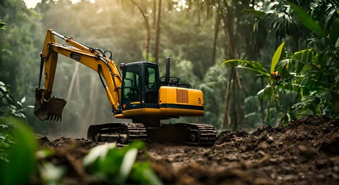 Excavator in the jungle. Defloration.