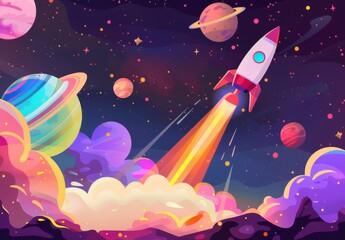  Rocket launching into nocturnal sky, planets and stars prominent in the foreground
