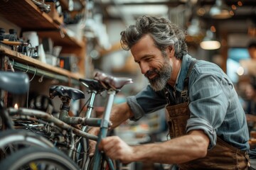 Jovial elderly bike repairman fixing a vintage bicycle with care and expertise.