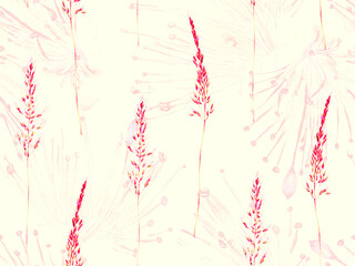 Grass Seamless Watercolor Pattern. Summer Grass Motif. Vintage Garden Wallpapaer.. Plantago and Apera Dried Wild Plants. Crimson Red Botanical Meadow Border. Abstract Floral Illustration.