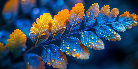 An ethereal fern unfurls, with water droplets sparkling on its fiery amber and blue leaves.