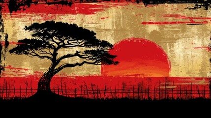   A sunset painting with a tree in the foreground and a fenced enclosure in the background