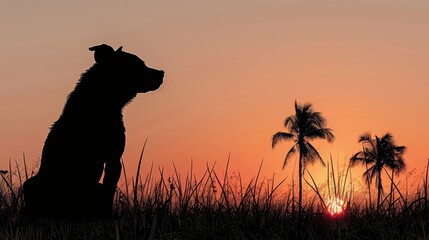   A dog silhouetted in grass, sun sinking behind, palm trees near