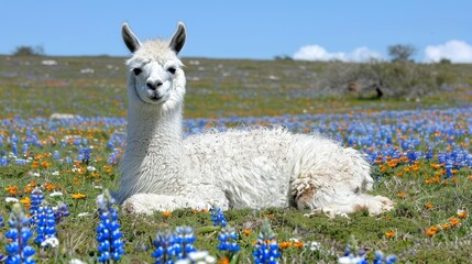 Naklejka premium A llama reclines in a field of blue and orange blooms, framed by a backdrop of a blue-hued sky