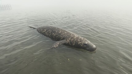   A large gray beast floats atop a foggy lake, beside a wooden fence