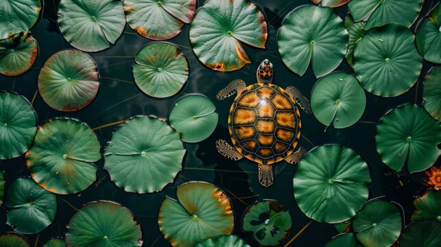   A turtle atop a water body, encircled by lily pads and verdant water lilies