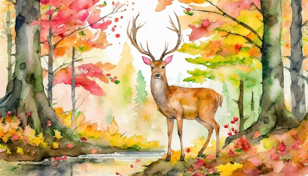 deer in autumn forest, watercolor illustration